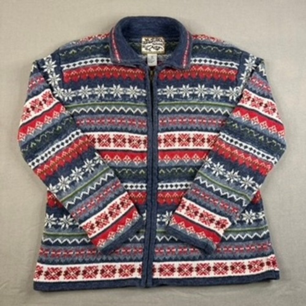 Heirloom Collectibles Fair Isle Snowflake Zip Cardigan Sweater Blue Red Medium